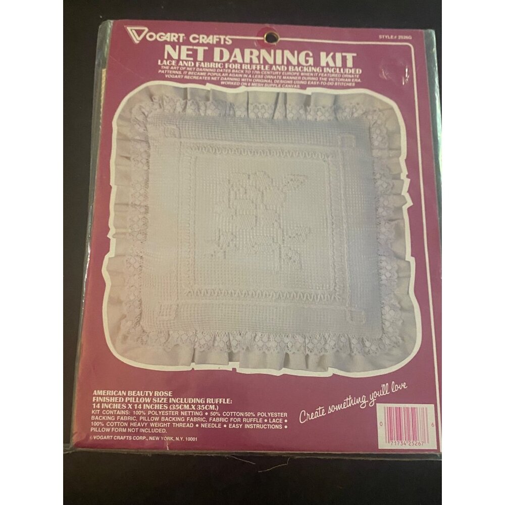 Net Darning by Vogart Crafts Pillow Kit 2526G Made in USA American Beauty Rose
